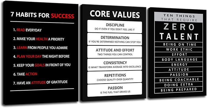 Inspirational Canvas Wall Art 3 Pieces Core Values Poster Motivational Ten Things That Require Zero Talent Canvas Artwork Picture Print Framed for Home Office Living Room Gym Wall Decor [36''Wx 16''H]