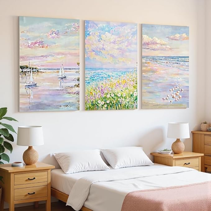 SEWEAIPIC 3 Piece Coastal Wall Art, Dreamy Pastel Pink Beach Canvas Prints, Calming Ocean Sunset Painting for Bedroom, Living Room Decor, Seascape Artwork, 16x24 inch - Framed