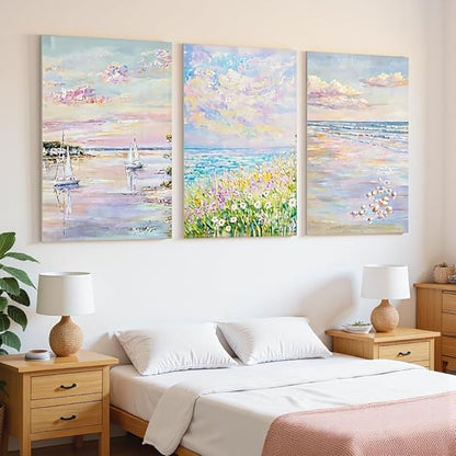 SEWEAIPIC 3 Piece Coastal Wall Art, Dreamy Pastel Pink Beach Canvas Prints, Calming Ocean Sunset Painting for Bedroom, Living Room Decor, Seascape Artwork, 16x24 inch - Framed