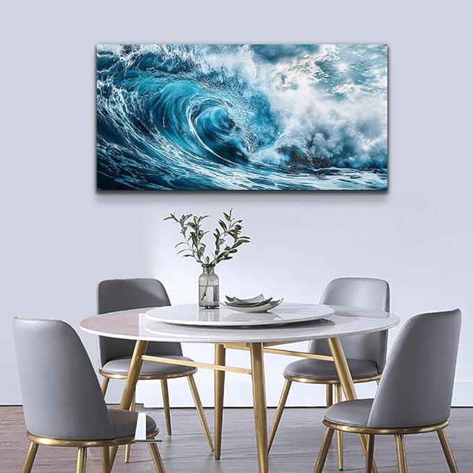 ERQINHUA Blue Wave Canvas Wall Paintings Wall Art For Living Room Wall Decor For Bedroom Ocean Inspiration Pictures Office Mural Posters Modern Home Decor Aesthetics Artwork Ready To Hang 20"X40"