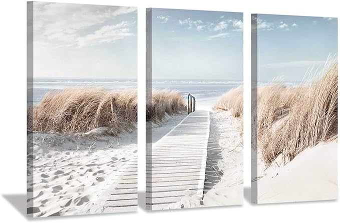 Hardy Gallery Beach Scene Picture Coastal Painting: Oceanside Sea Grass Trail Artwork on Canvas Print for Office(26''x16''x3pcs)