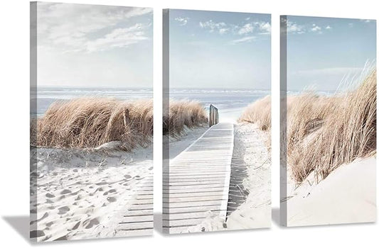 Hardy Gallery Beach Scene Picture Coastal Painting: Oceanside Sea Grass Trail Artwork on Canvas Print for Office(26''x16''x3pcs)