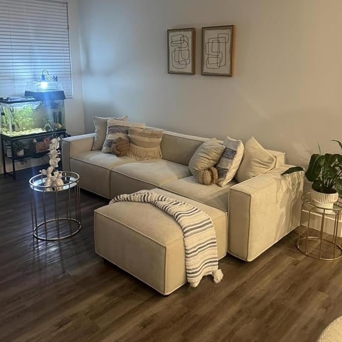 Acanva Luxury Modular Sectional Living Room Sofa Set, Modern Minimalist Style Couch with Ottoman and Chaise, L-Shape, Linen-Like Cream | Minimalist Style