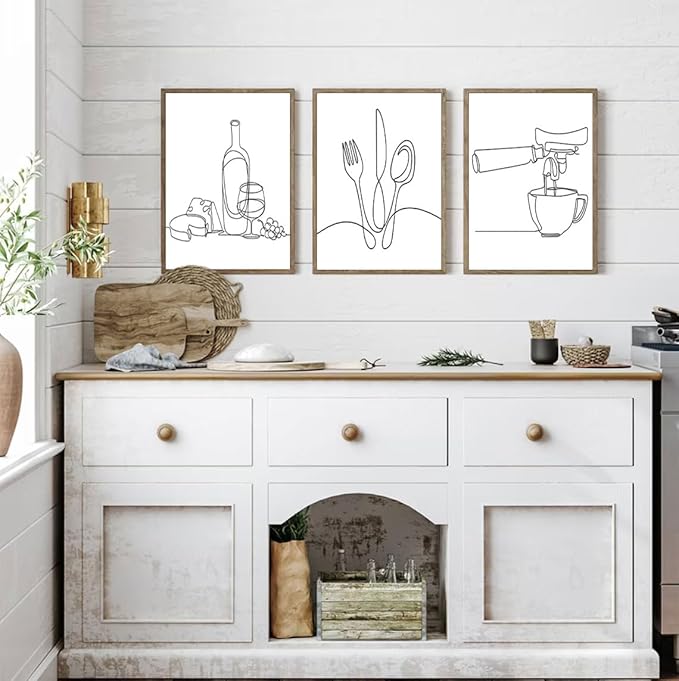 3Pcs Line Drawing Kitchen Wall Art, Modern Black White Minimalist Kitchen Abstract Line Art Posters Prints Dining Room Wall Decor Canvas Paintings Pictures Home Decoration, Unframed (line art, 12x16in