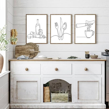 3Pcs Line Drawing Kitchen Wall Art, Modern Black White Minimalist Kitchen Abstract Line Art Posters Prints Dining Room Wall Decor Canvas Paintings Pictures Home Decoration, Unframed (line art, 12x16in