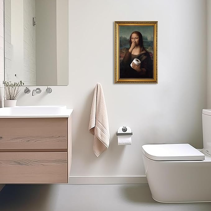 YD&YZY Gold Framed Bathroom Wall Art Mona Lisa Humor Amusing Toilet Art Pinching Nose Wall Decor Funny Vintage Painting Picture Print Whimsical Artwork Bathroom Restroom 16x24 inch Framed