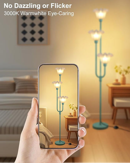 66'' Flower Floor Lamp for Living Room, Vintage Floral Floor Lamp with LED Bulbs, 3 Light 3000K Warmwhite Mid Century Standing Tall Lamps with 5Lbs Heavy Base for Bedroom-Grey Green