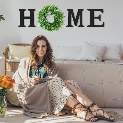 Pinkpum Wooden Home Sign with Artificial Green Wreath for O, Hanging Farmhouse Wall House Decor Wood Letters for Wall Art Rustic Home Decor, Wall Decor for Living Room Kitchen Entryway (Black)