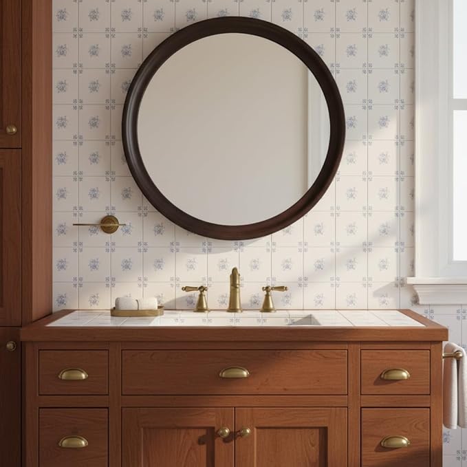 Round Wood Mirrors 30 Inch,Rustic Decorative Transitional Dark Walnut Wall Mirror with Wood Grain for Bathroom,Farmhouse Hanging Vanity Mirror for Entryway Living Room or Bedroom