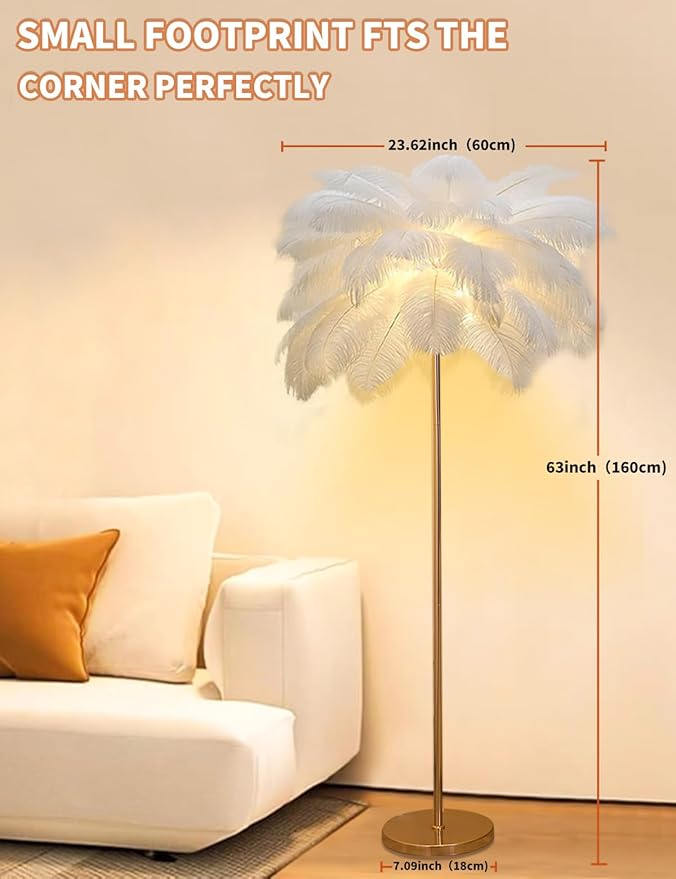 Feather Floor Lamp,Fluffy Ostrich Feather Floor Lamp for Bedroom,3 Color Temperatures Led Corner Modern Floor Lamps for Living Room Christmas Home Decor House Warming Gifts,63″ Height (White)