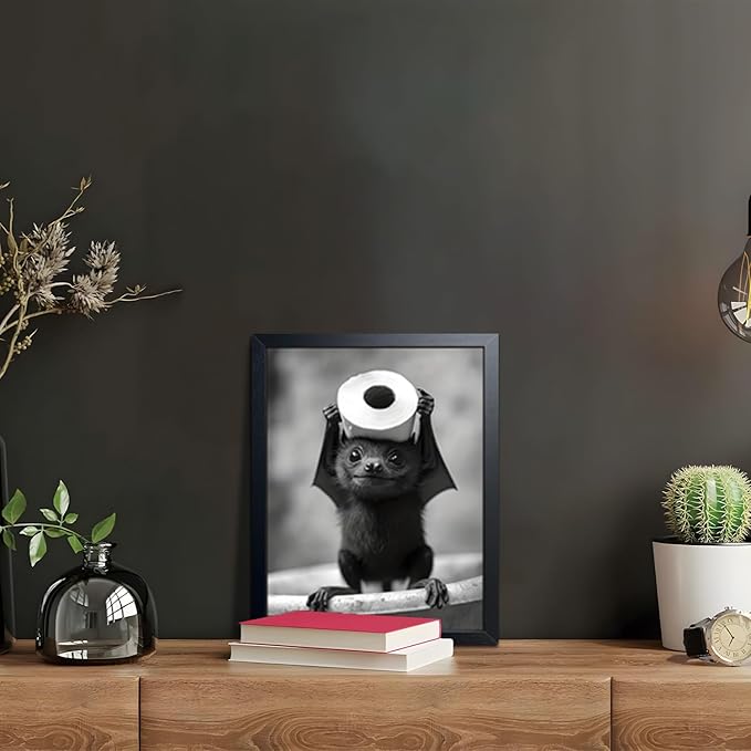 ARKZSHO Black and White Bathroom Wall Art, Funny Bats Canvas Print Poster, Cute Animal Wall Drcor Painting, Modern Farmhouse Restroom Home Decoration (Framed 10''x8'')