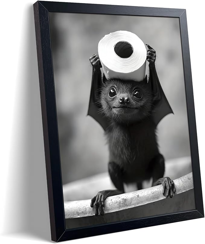 ARKZSHO Black and White Bathroom Wall Art, Funny Bats Canvas Print Poster, Cute Animal Wall Drcor Painting, Modern Farmhouse Restroom Home Decoration (Framed 10''x8'')