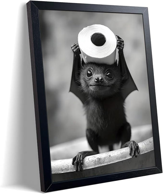 ARKZSHO Black and White Bathroom Wall Art, Funny Bats Canvas Print Poster, Cute Animal Wall Drcor Painting, Modern Farmhouse Restroom Home Decoration (Framed 10''x8'')