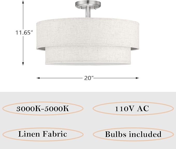 20 Inch LED 24W Adjustable 3000/4000/5000 Brushed Nickel Double Drum Linen Fabric Shade Semi Flush Mount Close to Ceiling Light Fixture for Bedroom,Living Room,Dining Room Hallway