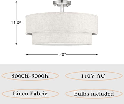 20 Inch LED 24W Adjustable 3000/4000/5000 Brushed Nickel Double Drum Linen Fabric Shade Semi Flush Mount Close to Ceiling Light Fixture for Bedroom,Living Room,Dining Room Hallway
