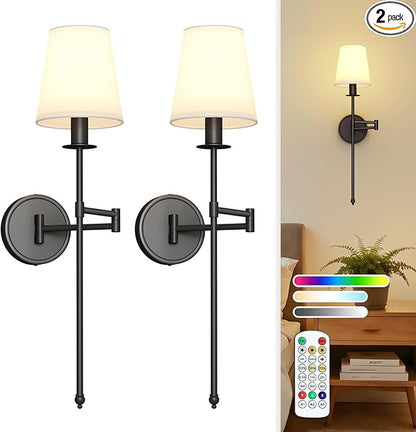 Joosenhouse Black Wireless Wall Sconces Set of 2, Battery Operated Wall Lights with Remote Control, 9 RGB Color Options, 24.8 inch Dimmable Wall Lights for Hallway, Bedroom, Living Room