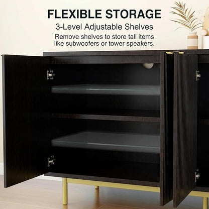 Vipbear 58 Inch Black TV Stand for 65 Inch TV, Modern Fluted Media Console Table with 4 Doors, Large Entertainment Center with Storage, Black Sideboard Buffet Cabinet for Dining Room and Living Room