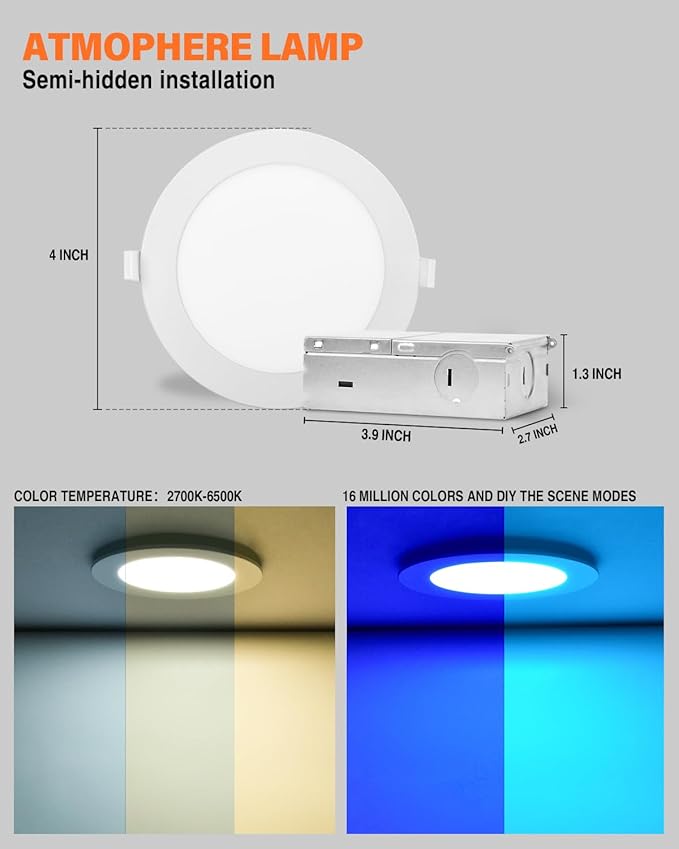 12Pack Smart LED RGB Recessed Lighting 4Inch,Color Changing Canless Downlight,2700K-6500K, 2.4GHz Wi-Fi & Bluetooth,9W 2640lm,Works with Tuya App,Alexa & Google Assistant,Gateway Included