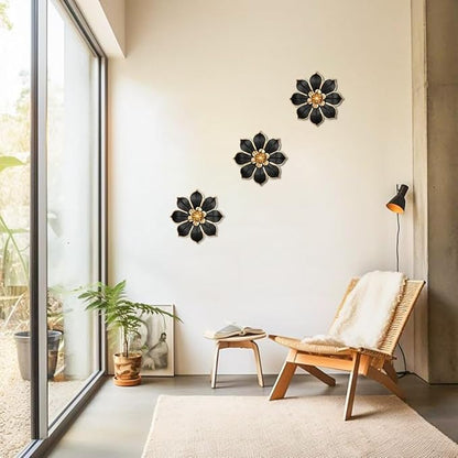Metal Flowers Wall Decor Black and Gold Wall Art Decorations Hanging 3 Pc Rustic Modern Floral Sculpture Wall Accent Artwork Indoor Outdoor for Bathroom Kitchen Bedroom Living Room Patio Porch 10 Inch
