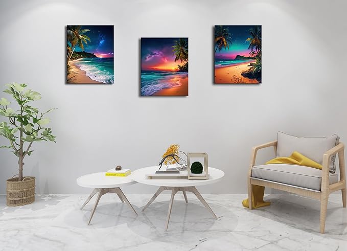 Sunset Ocean Canvas Wall Art Tropical Beach Prints Painting Palm Coconut Tree Natural Landscape 3 Panels Framed Coastal Artwork for Bathroom Living Room Bedroom Decor 16"x24"x3pcs