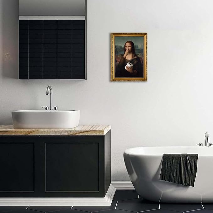 YD&YZY Gold Framed Bathroom Wall Art Mona Lisa Humor Amusing Toilet Art Pinching Nose Wall Decor Funny Vintage Painting Picture Print Whimsical Artwork Bathroom Restroom 12x16 inch Framed