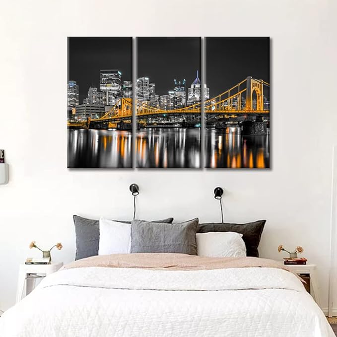 TUMOVO Pittsburgh Pennsylvania Cityscape Home Decor Art Prints Ninth Street Bridge Allegheny River Pictures Bathroom Decor Wall Art 3 Panel Artwork Framed Ready to Hang (60" Wx40 H)