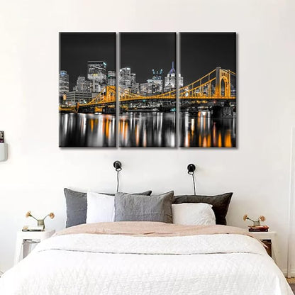 TUMOVO Pittsburgh Pennsylvania Cityscape Home Decor Art Prints Ninth Street Bridge Allegheny River Pictures Bathroom Decor Wall Art 3 Panel Artwork Framed Ready to Hang (60" Wx40 H)