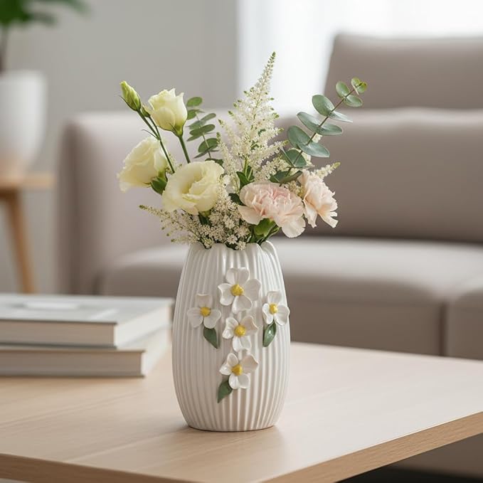 White Ceramic Vase - Modern Decorative Vase for Living Room, 3D Minimalist Flower Vases Home Decor, Centerpiece, Bathroom, Shelf, Table Decor, 7 Inch