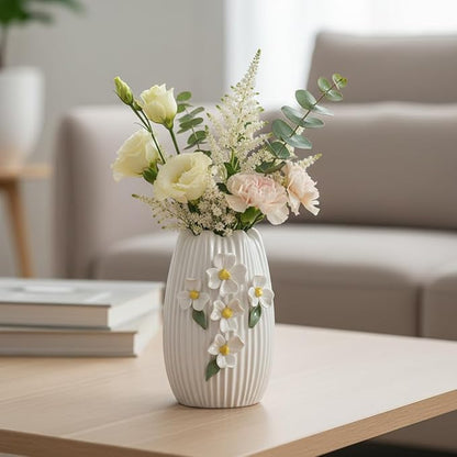 White Ceramic Vase - Modern Decorative Vase for Living Room, 3D Minimalist Flower Vases Home Decor, Centerpiece, Bathroom, Shelf, Table Decor, 7 Inch