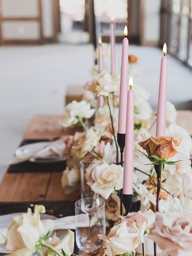 10 Pack Pink Flameless WAX Coverd 11'' Taper Candles with 2 Remote, LED Battery Operated Flickering Bright candle for proposal, wedding, festive, Family dinner, birthday party, or home decor