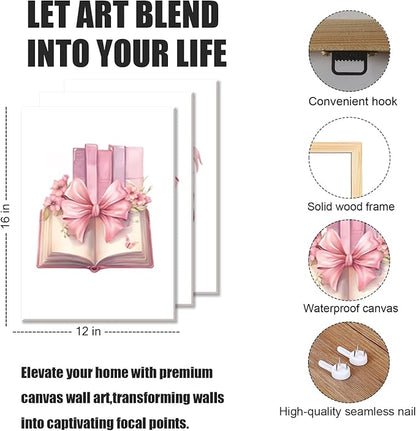JBZZD Coquette Pink Bow Canvas Wall Art Set of 3,Book Lovers Gifts Preppy Decor Trendy Pink book Posters Pictures Prints Aesthetic for Girls Room College Apartment Living Room Bedroom Framed 12x16 In