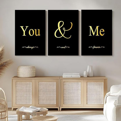 GUBIYU Black and Gold Bedroom Art Love Wall Decor - You and Me Word Canvas - Ideal Gift for Girls - Farmhouse Wall Art - 16"x24"