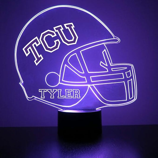 Officially Licensed Texas Christian University Horned Frogs Football Helmet Custom LED Sign Night Light Lamp with Remote, Light Up Display with Personalized Name or Image, Customized, Made in The USA
