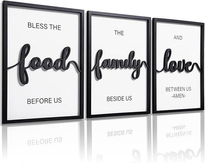 KIOSSUT 3D Wood Bless The Food Before Us Wall Decor, 48" x 24" Framed Kitchen Wall Art for Dining Room Wall Decor(Ready to Hang, 16x24 inches, Set of 3, Framed)