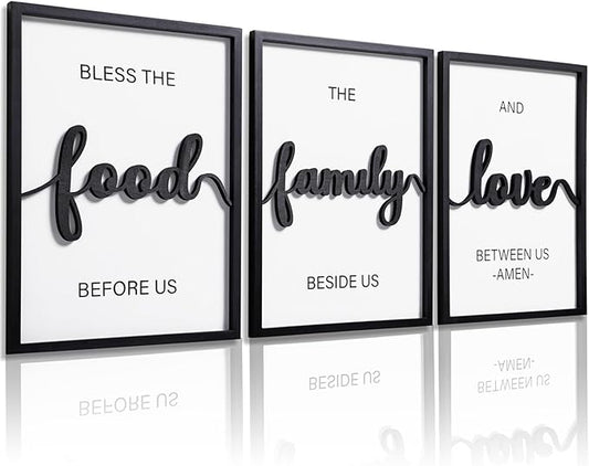 KIOSSUT 3D Wood Bless The Food Before Us Wall Decor, 48" x 24" Framed Kitchen Wall Art for Dining Room Wall Decor(Ready to Hang, 16x24 inches, Set of 3, Framed)