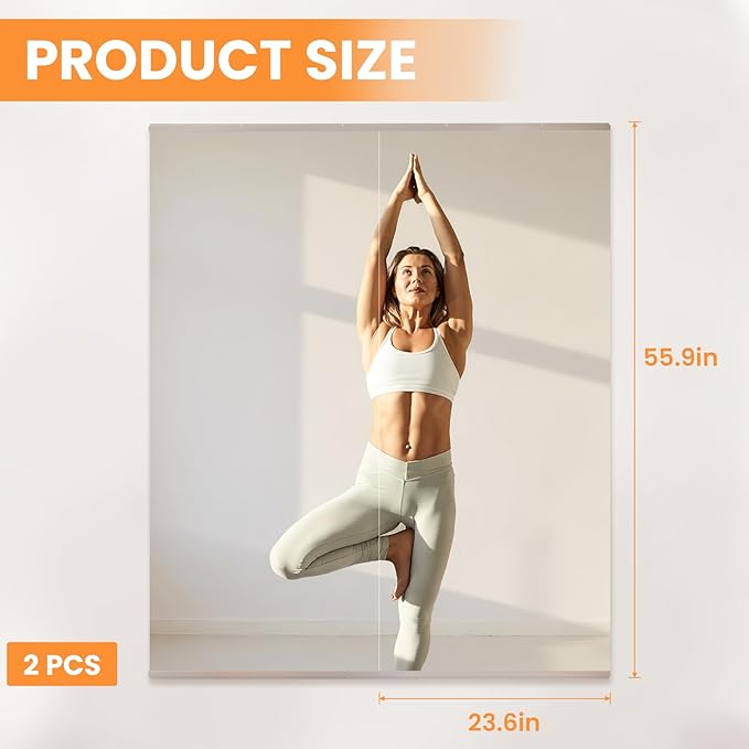 Peegel Home Gym Mirror - 56''x24''(2PCS) Large Frameless Tempered Glass Workout Mirrors for Home Gym Wall,Yoga,Garage,Dance