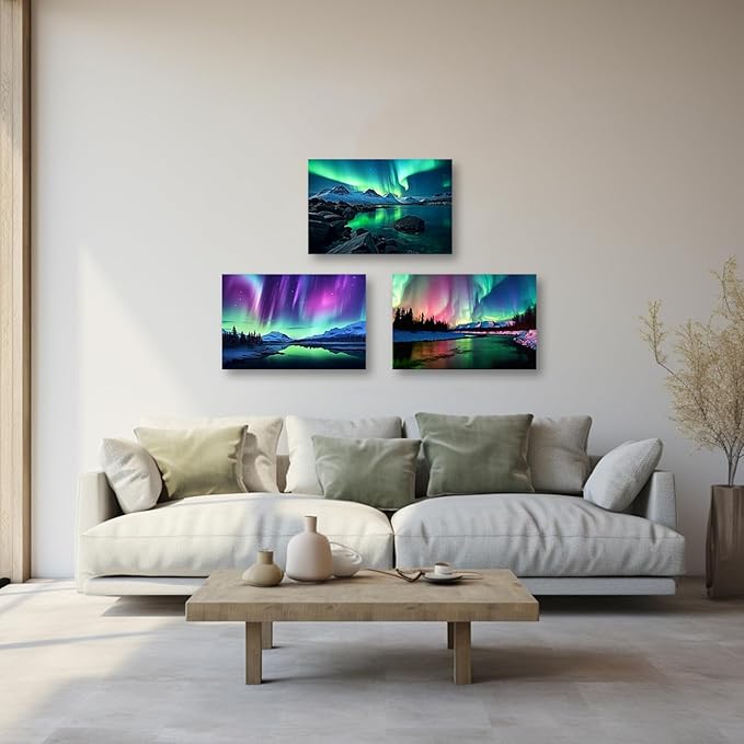 CCWACPP Aurora Borealis Canvas Wall Art 3 Panels Northern Lights Wall Decor Forest Lakes Snow Mountain Pictures Print Decor Frame (Aurora Borealis - 3, 11x14inchx3Pcs)