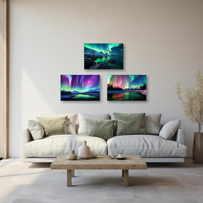 CCWACPP Aurora Borealis Canvas Wall Art 3 Panels Northern Lights Wall Decor Forest Lakes Snow Mountain Pictures Print Decor Frame (Aurora Borealis - 3, 11x14inchx3Pcs)