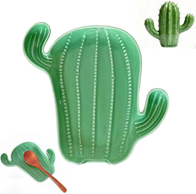 Ceramic Spoon Rest for Stove Top & Kitchen Counter Spoon Holder for Stove & Cooking Spoon Holder for Ladle Cute Coffee Spoon Rest Utensil Rest Spatula Rest, Green Cactus Kitchen Decor & Accessories