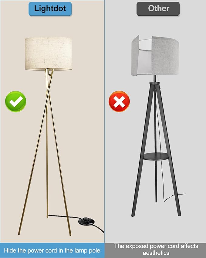 Lightdot 62IN Tripod Floor Lamps for Living Room, Modern Standing Lamp with Off-White Fabric Shade, Mid Century Industrial Standing Tall Lamp for Bedroom, Home Office-Gold