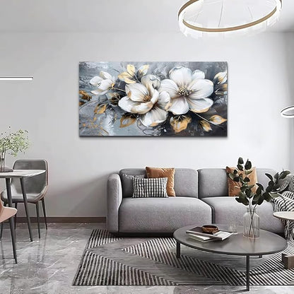 KELIYUAN Large Canvas Wall Art For Bedroom Wall Decor For Living Room Office Decorations Abstract White Flowers Paintings Pictures Artwork Modern Framed Posters Home Decor Ready To Hang 24"x48"