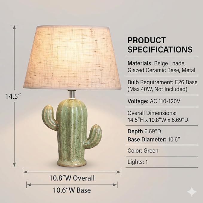 Cactus Lamp, Cute Modern Desk Lamp with Fabric Lampshade & Ceramic Base, Adorable Night Light for Bedroom Nightstand