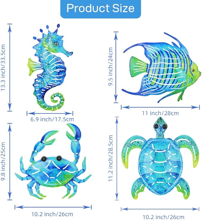 Coastal Decor Metal Wall Art, Ocean Theme Outdoor Wall Decor, Crab Seahorse Sea Turtle Metal Fish Nautical Wall Decor for Pool Fence Bathroom Indoor Garden Yard Kitchen (Set of 4)