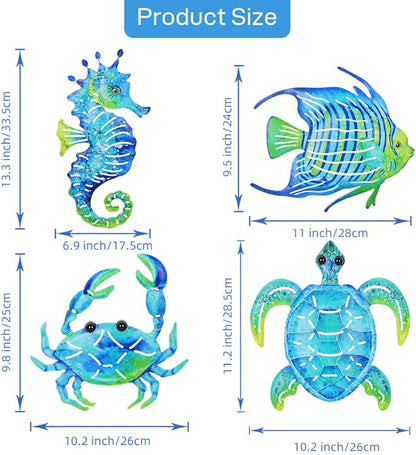 Coastal Decor Metal Wall Art, Ocean Theme Outdoor Wall Decor, Crab Seahorse Sea Turtle Metal Fish Nautical Wall Decor for Pool Fence Bathroom Indoor Garden Yard Kitchen (Set of 4)