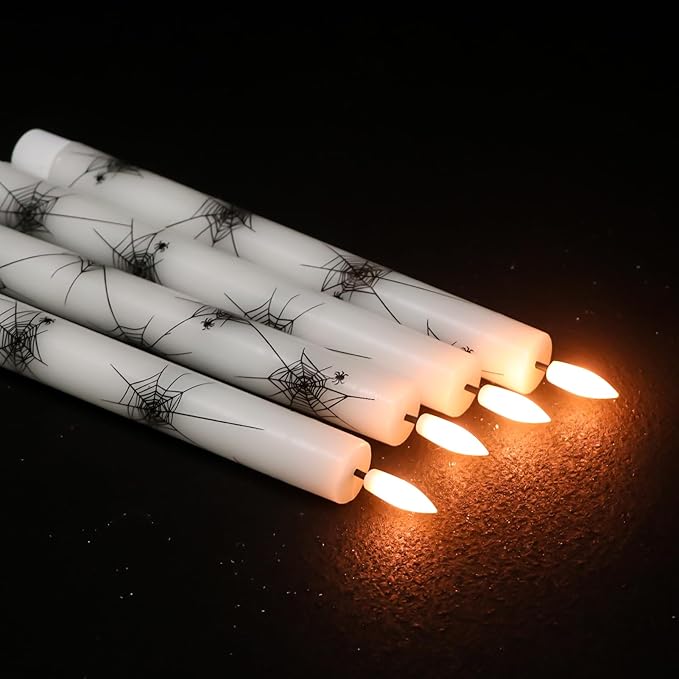 Halloween Flameless Taper Candles Battery Operated with Remote and Timer, Real Wax 3D Wick Flickering LED Taper Candle Spider Web Decals Dinner Table Halloween Decor(4 Pack, 0.78”D x 9.64”H)