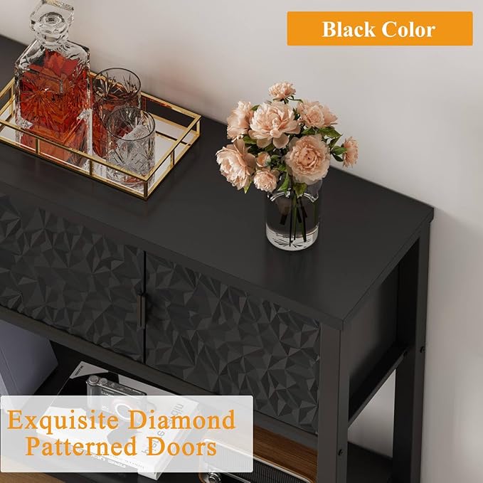 FATORRI Black Console Table with Storage, 47” Modern Farmhouse Entryway Table with 3 Doors, Sofa Table for Hallway, Living Room, Foyer