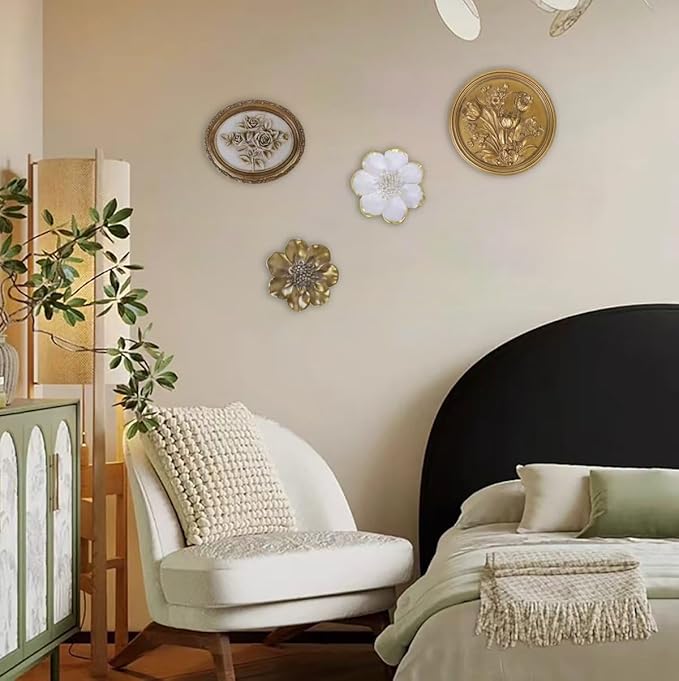 S-MANTIS Vintage Wall Sculpture,Antique Pediment,Hallway Wall Art,Hand Painted Flower Wall Decoration Accent Artworks for Indoor Kitchen Bedroom Living Room Office Outdoor Garden Patio (Bronze & White)