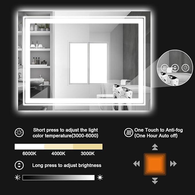 Snowdool LED Bathroom Mirror, 48"X30" with Front and Backlit, Anti-Fog, Large Bathroom Vanity Mirror for Wall, Memory Function, Stepless Dimmable, Tempered Glass (Horizontal/Vertical)
