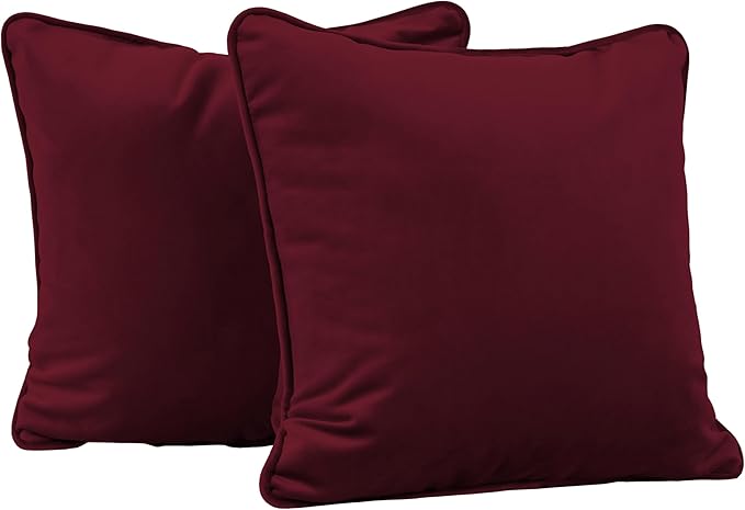 FDP 15" x 15" Velvet Square Pillow Set with Piping; Decorative Throw Pillow for Home Décor in Living Room, Bedroom or Lounge (2-Pack) - Bordeaux, 15157-349