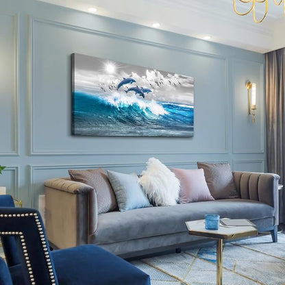 Wapluam Large Size Canvas Art - Blue Waves Of The Sea Wall Art For Living Room & Bedroom - Modern Office Decoration
